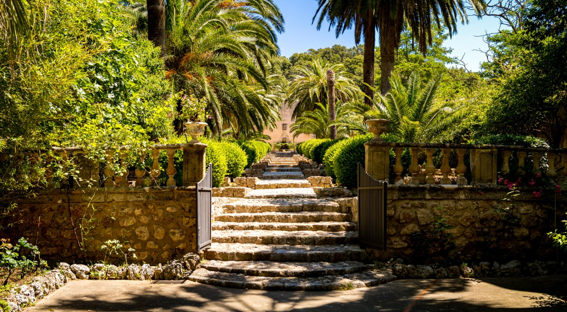 A grand stone staircase leading through the lush greenery of Jardines de Alfabia